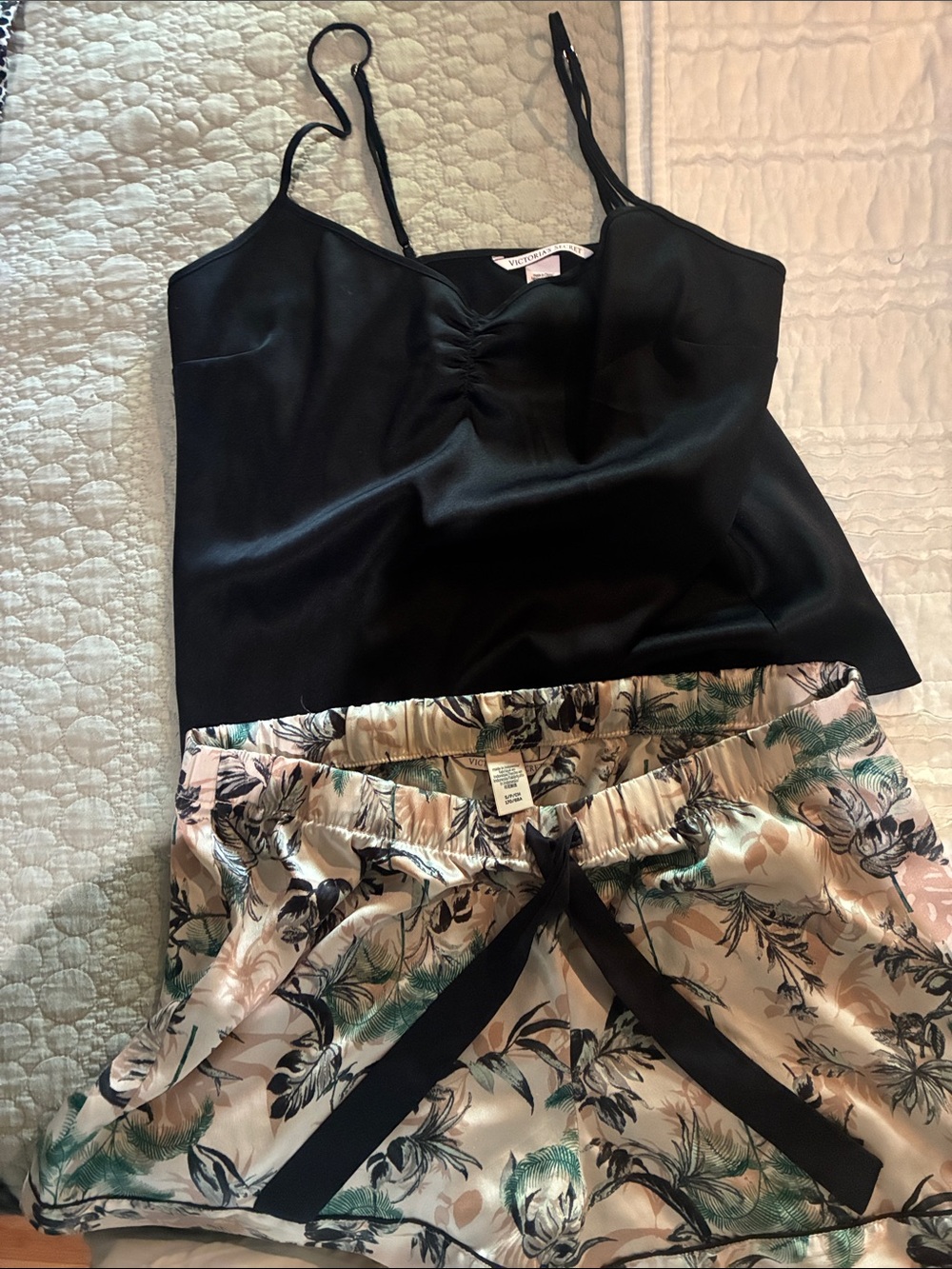 Victoria's Secret Black Satin Cami with Floral Satin Shorts
